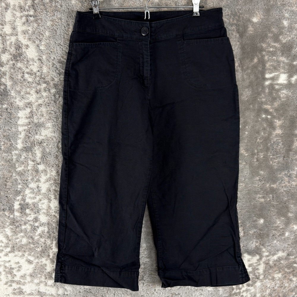 Woolrich Size 10 Stretch Minimalist Cropped Capri Pants Black Button Zip Casual